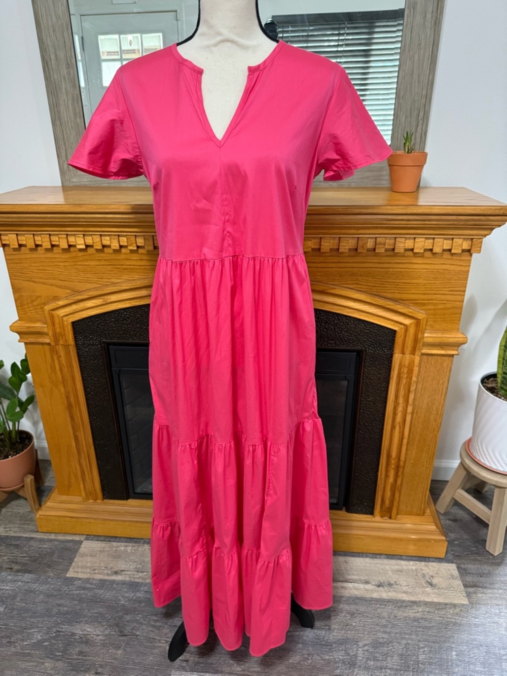 Chicos solid plain pink maxi dress tiered v-neck flutter sleeves with pockets